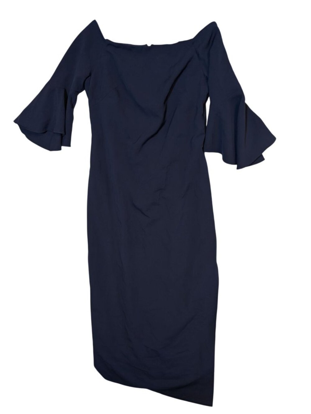 Off-Shoulder Navy Blue Dress With Ruffled Sleeves Size 12 By Cachet Polyester Bl